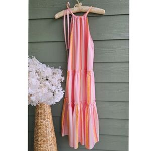 Club Monaco Pink Orange Popsicle Striped Halter Tiered Silk Amirra Maxi Dress